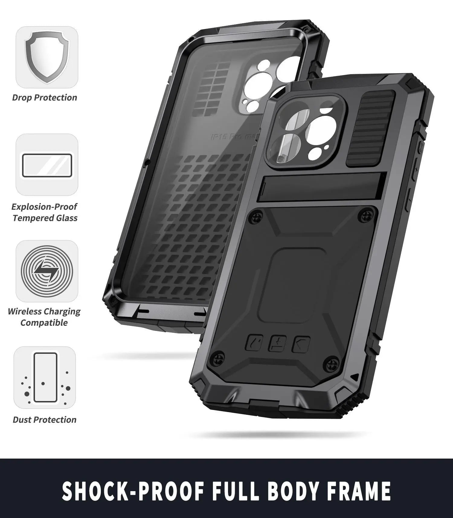for iPhone 15 Pro Max iPhone 15 Plus Pro Case Full-Body Rugged Armor Shockproof Protective Kickstand Aluminum Metal Cover Pinnacle Luxuries